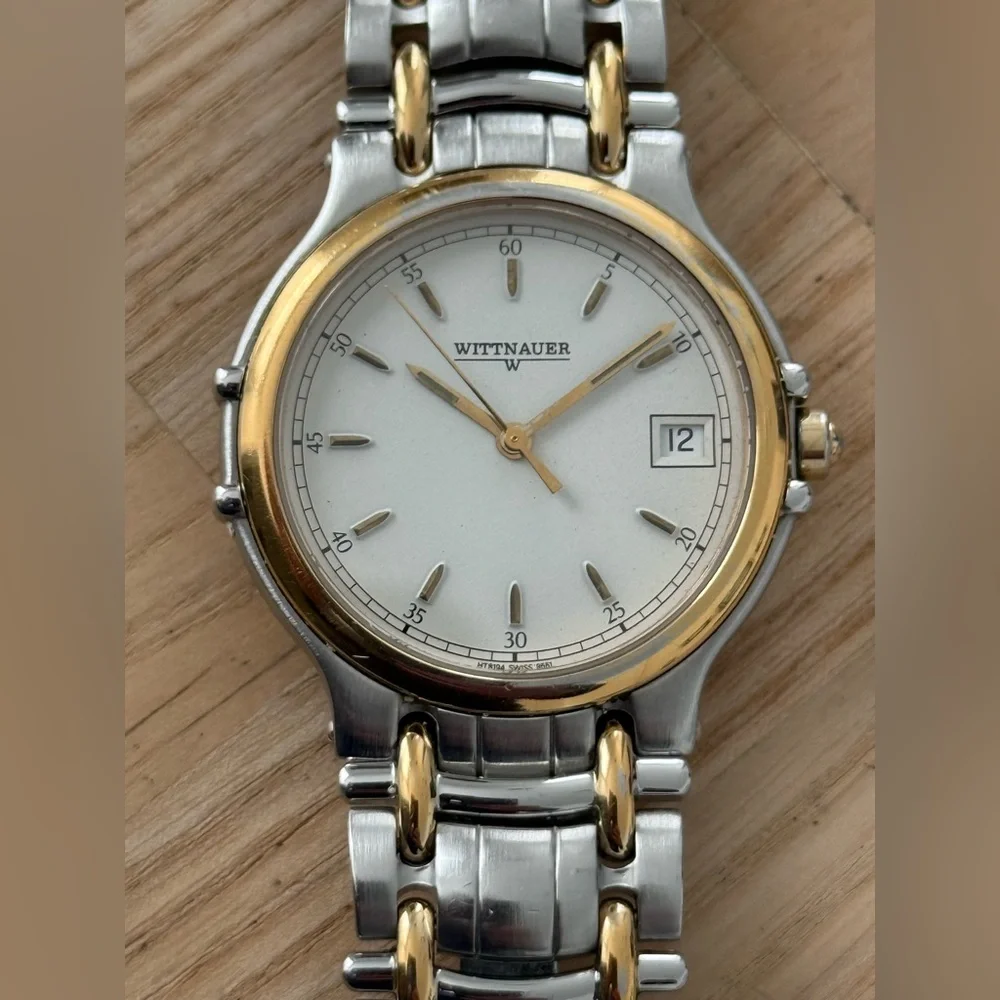 Wittnauer Vintage Luxury Watch Two-Tone Bracelet Case White Dial Date Window